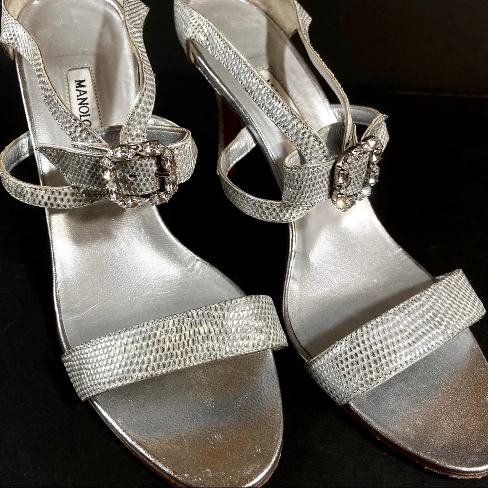 Manolo Blahnik silver sandals crystal buckles 38